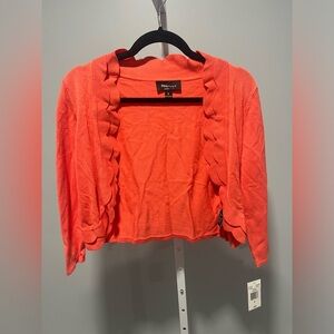 NWT RN Studio Orange Coral Open-Front Cropped Scalloped Edge Cardigan Size Small